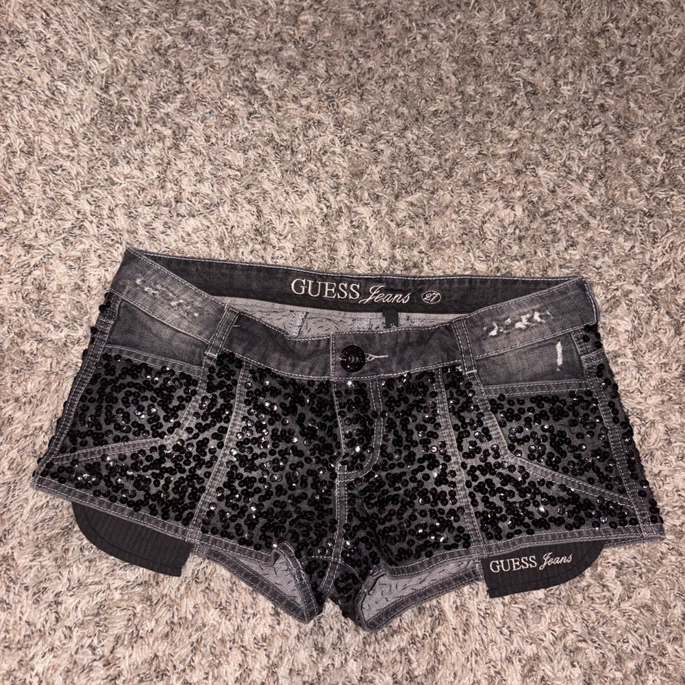 Guess Black Sequin Embellished Denim Cutoff Shorts - Picture 1 of 5